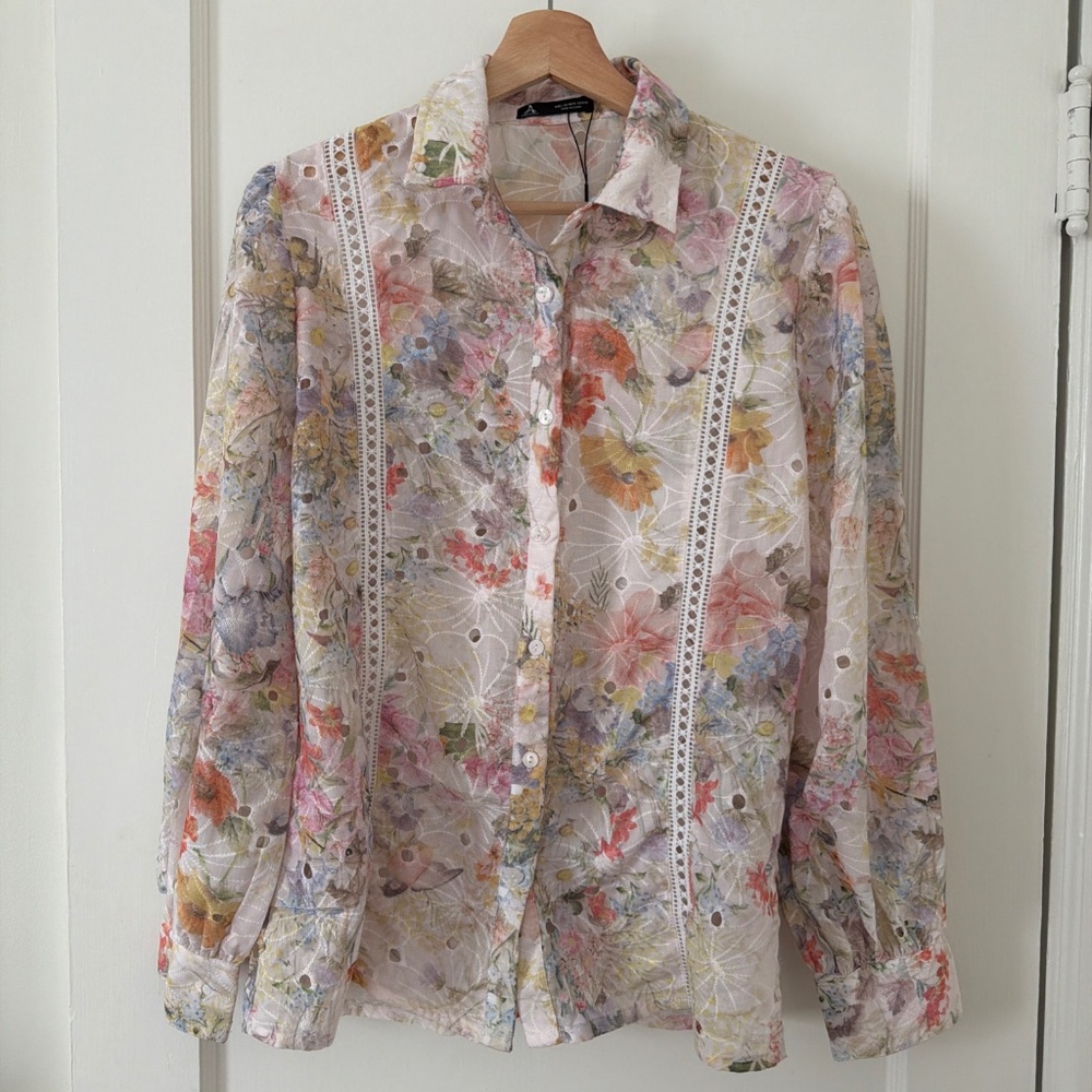 Floral Eyelet Lace Trim Button Down Shirt Blouse Women Large L Watercolor
